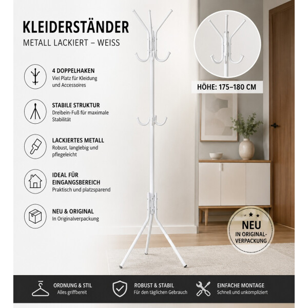 Kleiderständer Weiß Metall – Standgarderobe mit 4 Doppelhaken – Neu O, 14,99 €